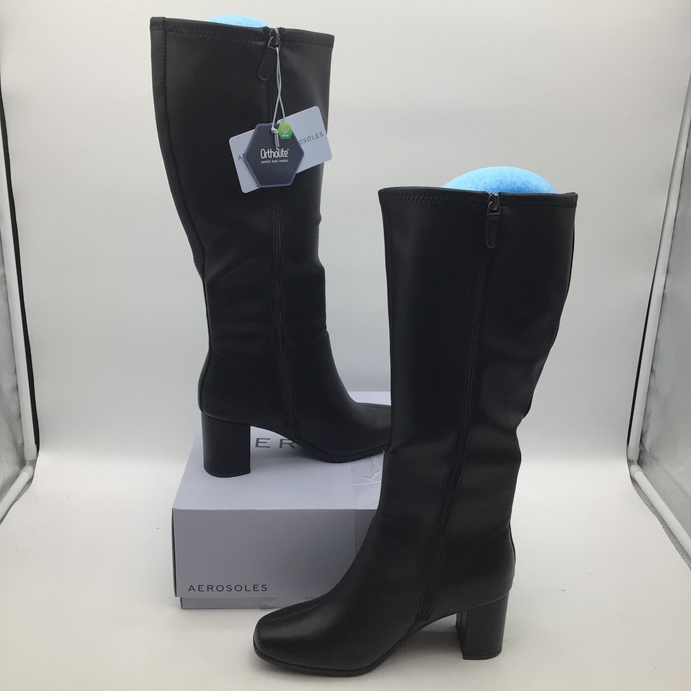 Aerosoles Micah Black Faux Leather Knee High Zip Block Heel Boots Size‎ 7 W NEW